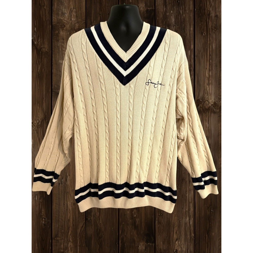 Sean John Mens XL V-Neck Sweater Cable Knit 100% Cotton Academia Tennis Preppy